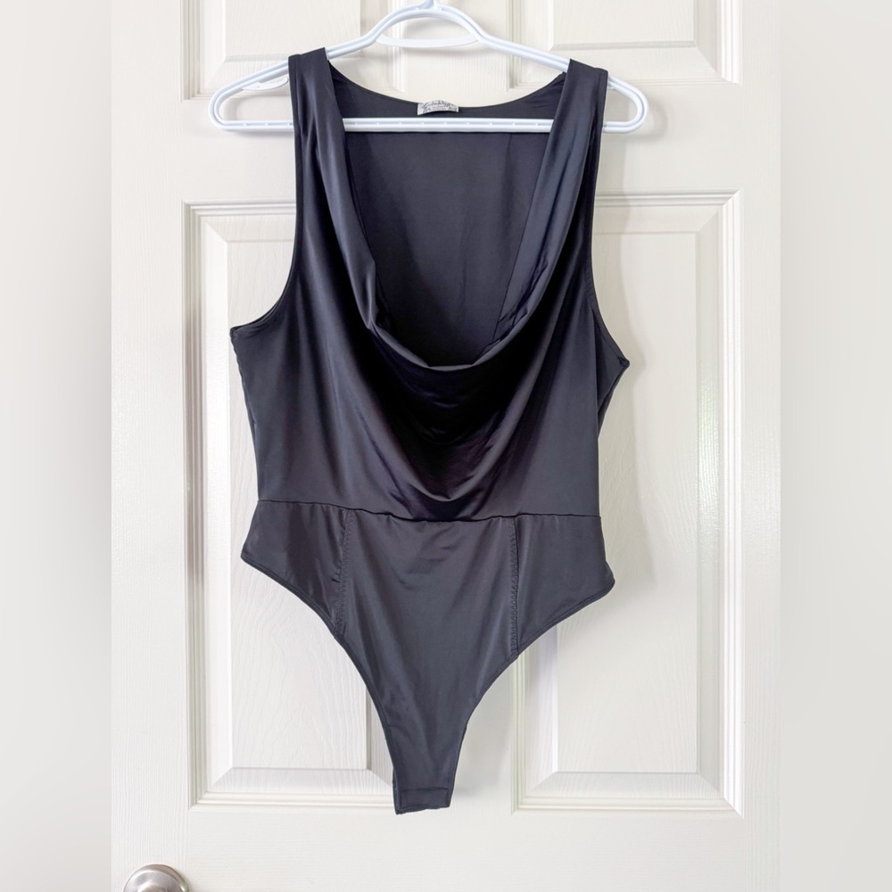 Free People Black One Piece Bodysuit Satin Texture Office Siren Size M